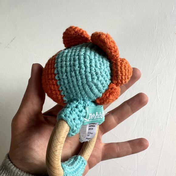 Pebble Hand Knit Turquoise Dinosaur Wooden Teething Ring w/ Rattle - Picture 8 of 10